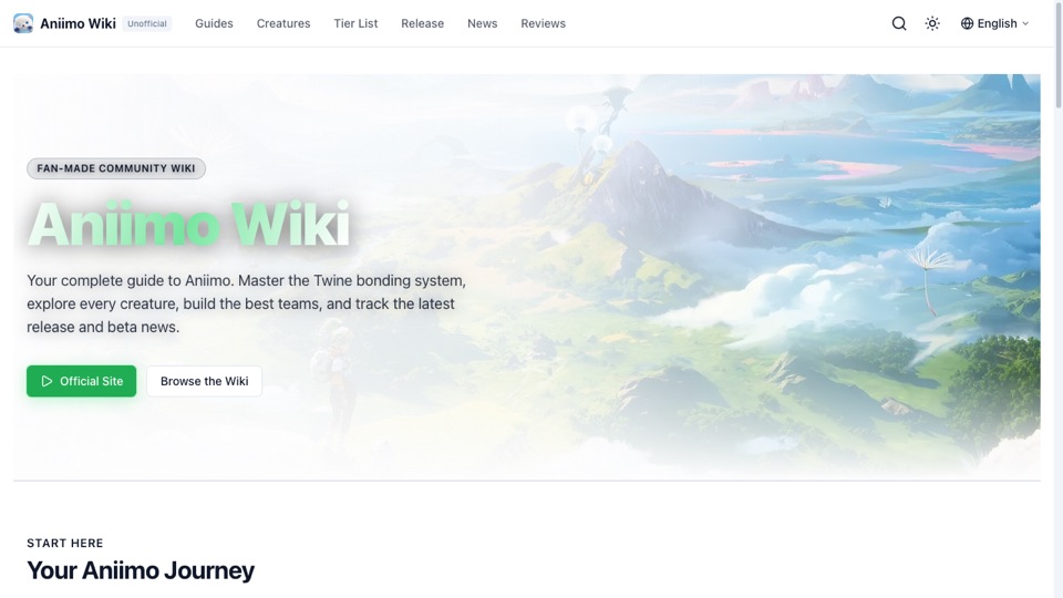 Screenshot of the Aniimo Wiki homepage