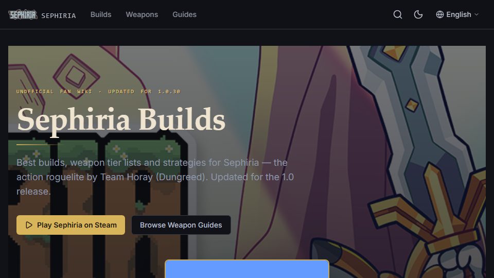 Screenshot of the Sephiria Builds homepage